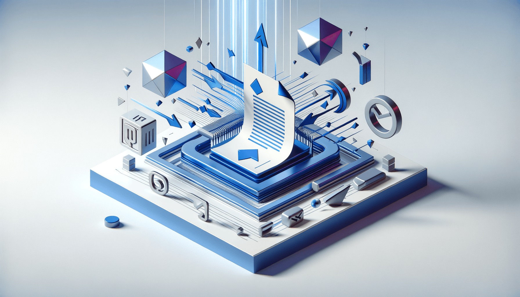 Geometric illustration of automated document workflow with flowing arrows, keyboard shortcuts, and speed lines in blue and purple tones