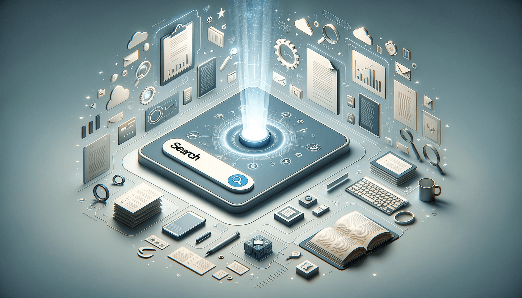 Professional document search interface showing real-time filtering and organization of files with a glowing search bar and floating document elements