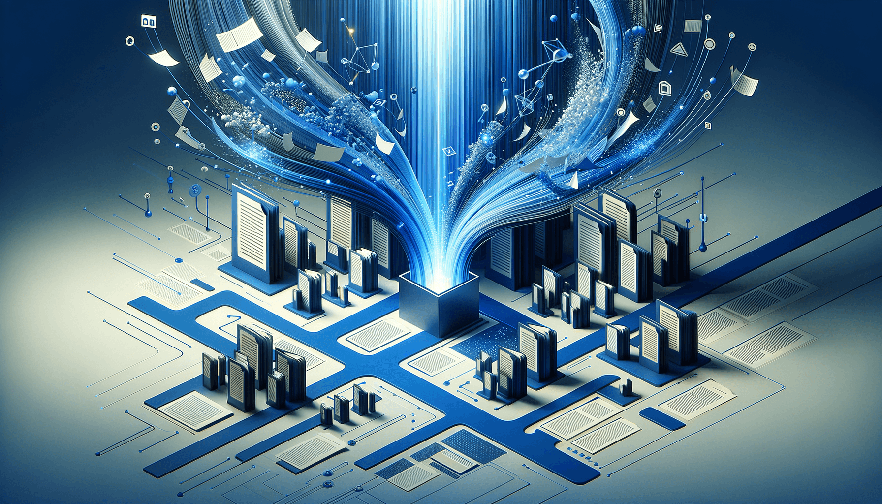 Abstract geometric illustration showing chaotic information streams being intelligently filtered and organized by an AI system, representing how artificial inte