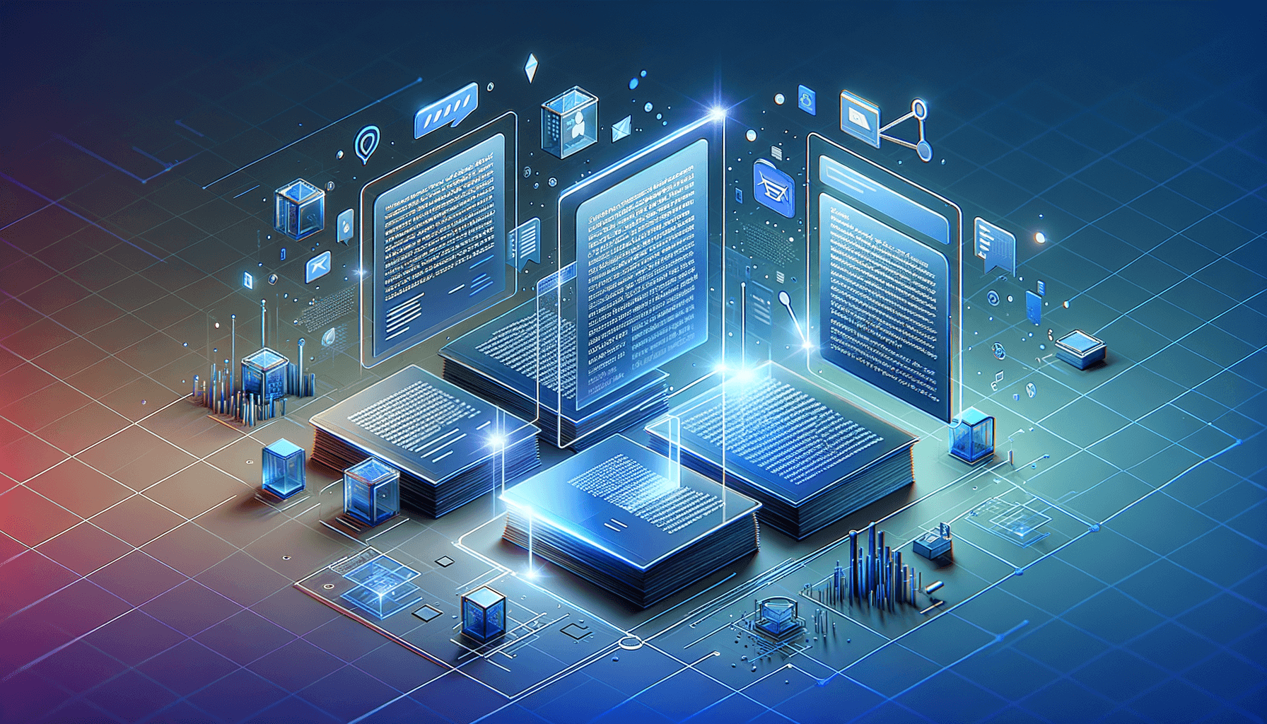 Abstract illustration of floating transparent cards connected by glowing lines representing AI citations and document connections in a modern digital interface
