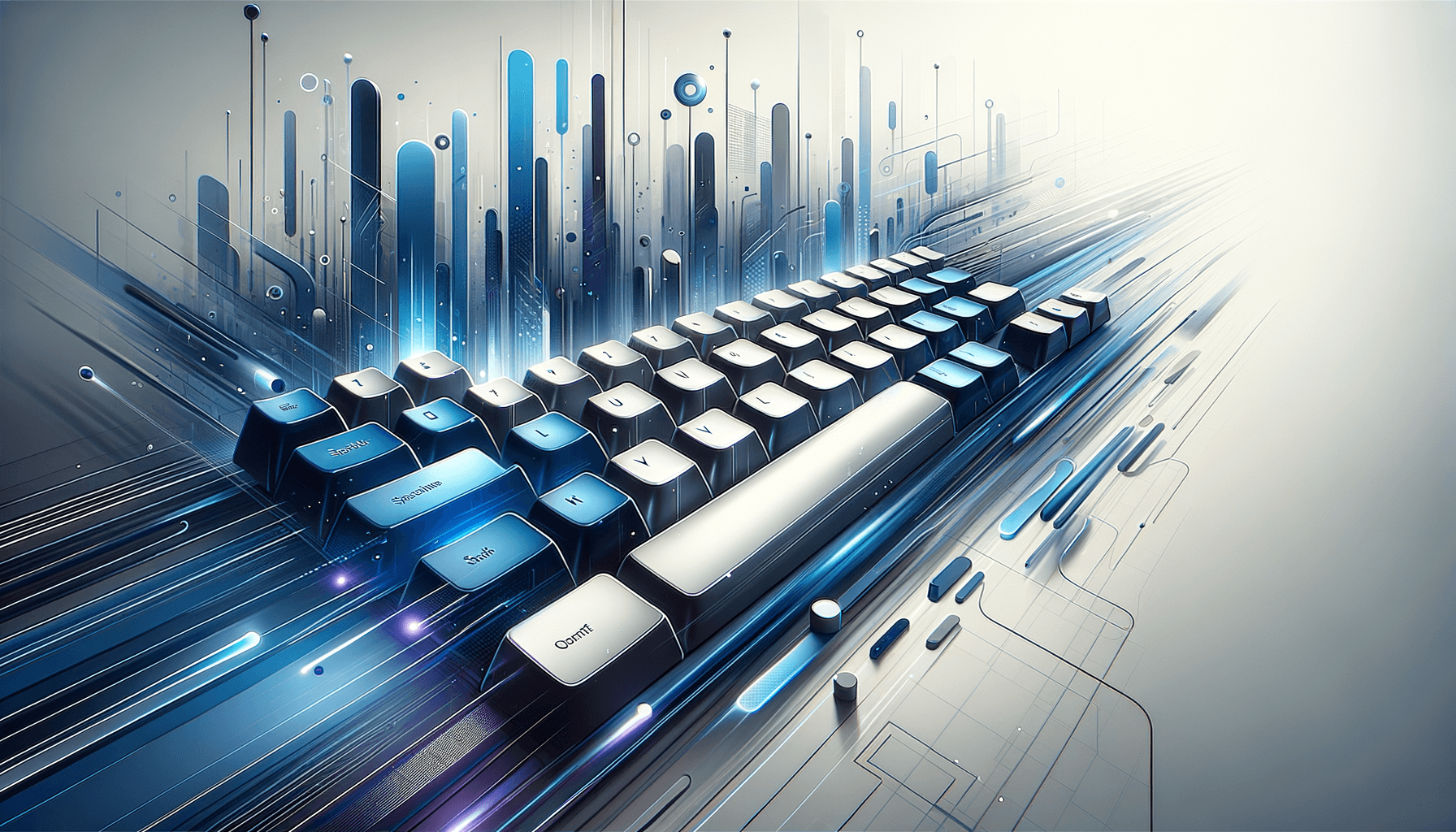 Minimalist illustration of floating keyboard keys with speed lines representing productivity and keyboard shortcuts for document workflow automation