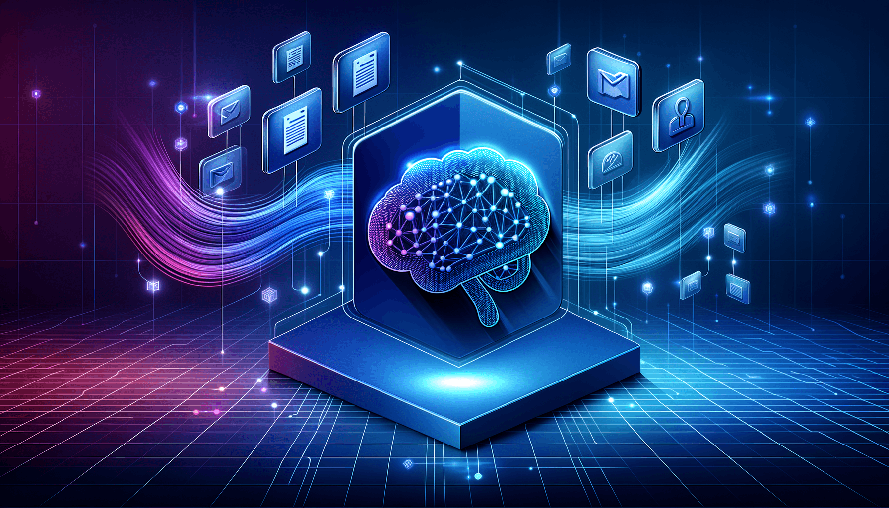 Abstract digital illustration of floating glassmorphic cards and geometric shapes in blue and purple gradients, representing AI engine transformation and docume