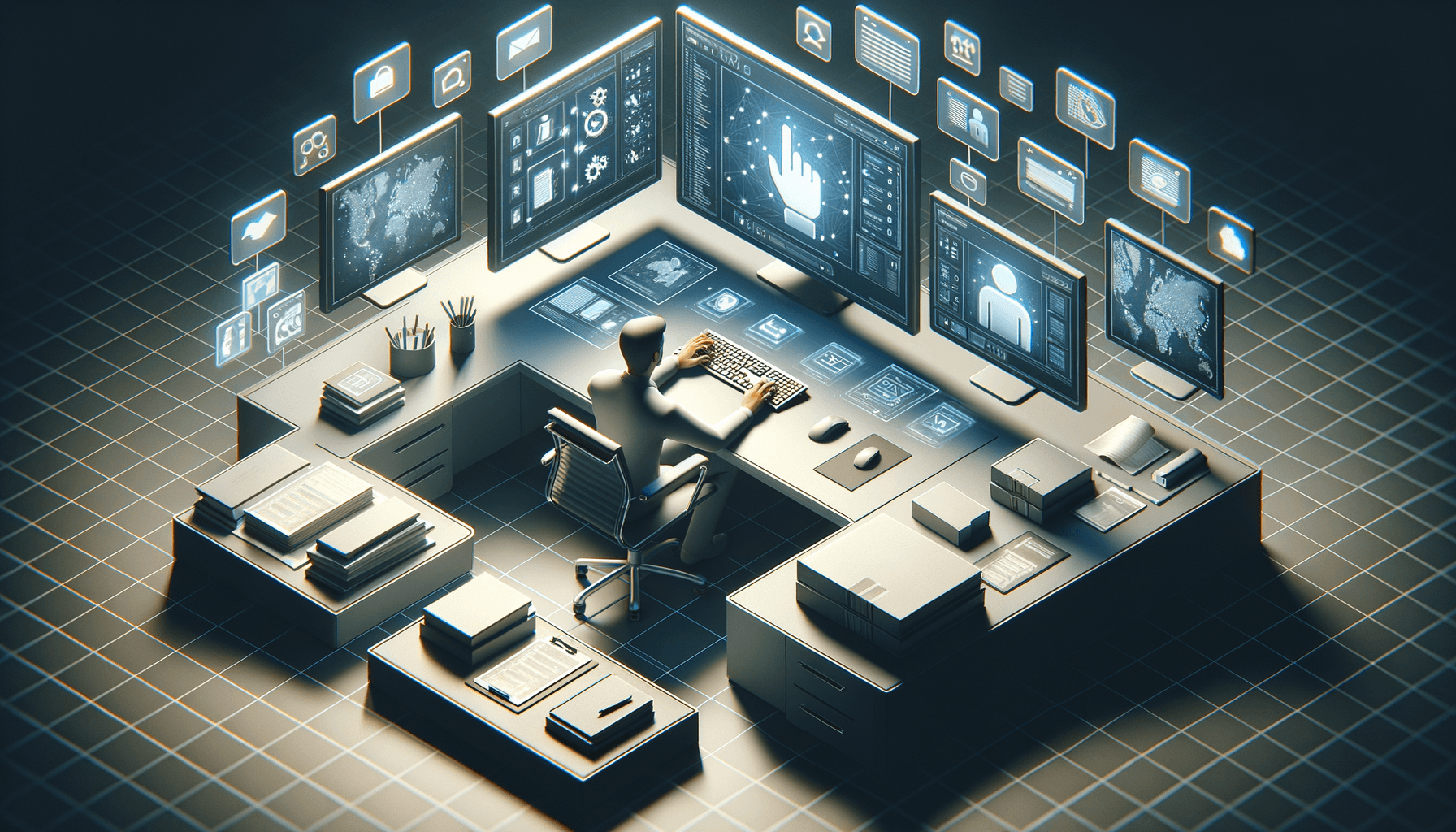 Professional using keyboard shortcuts to organize and manage digital documents efficiently on multiple screens