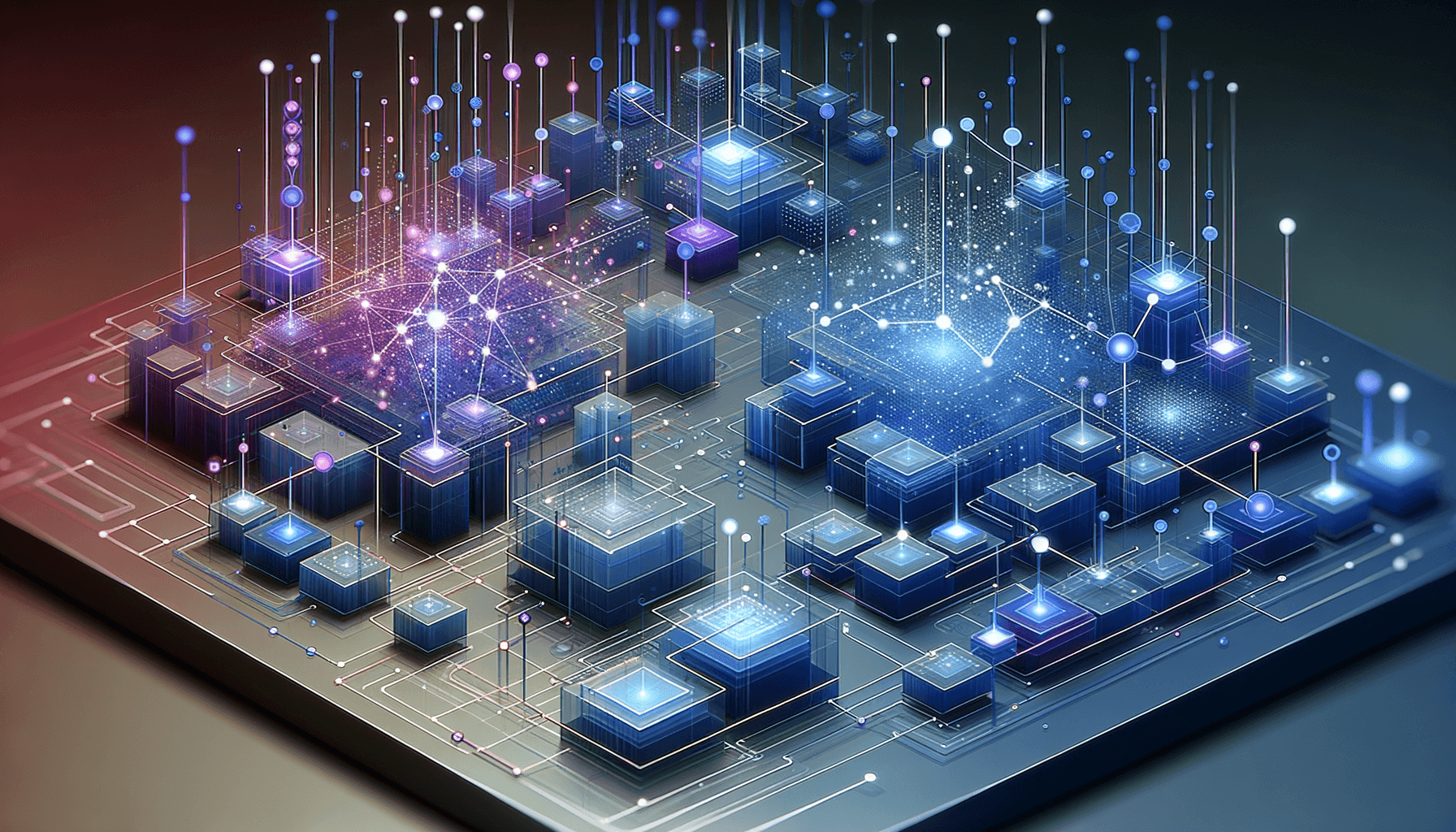 Abstract geometric visualization of interconnected documents and AI-driven contextual understanding, featuring flowing networks and layered shapes in deep blue