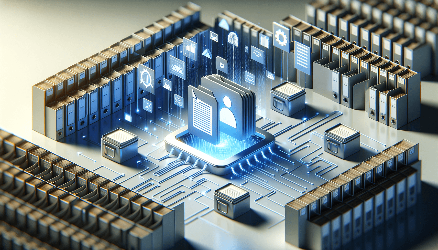 AI document generation interface showing automated document creation with organized files and data flowing into professional document templates