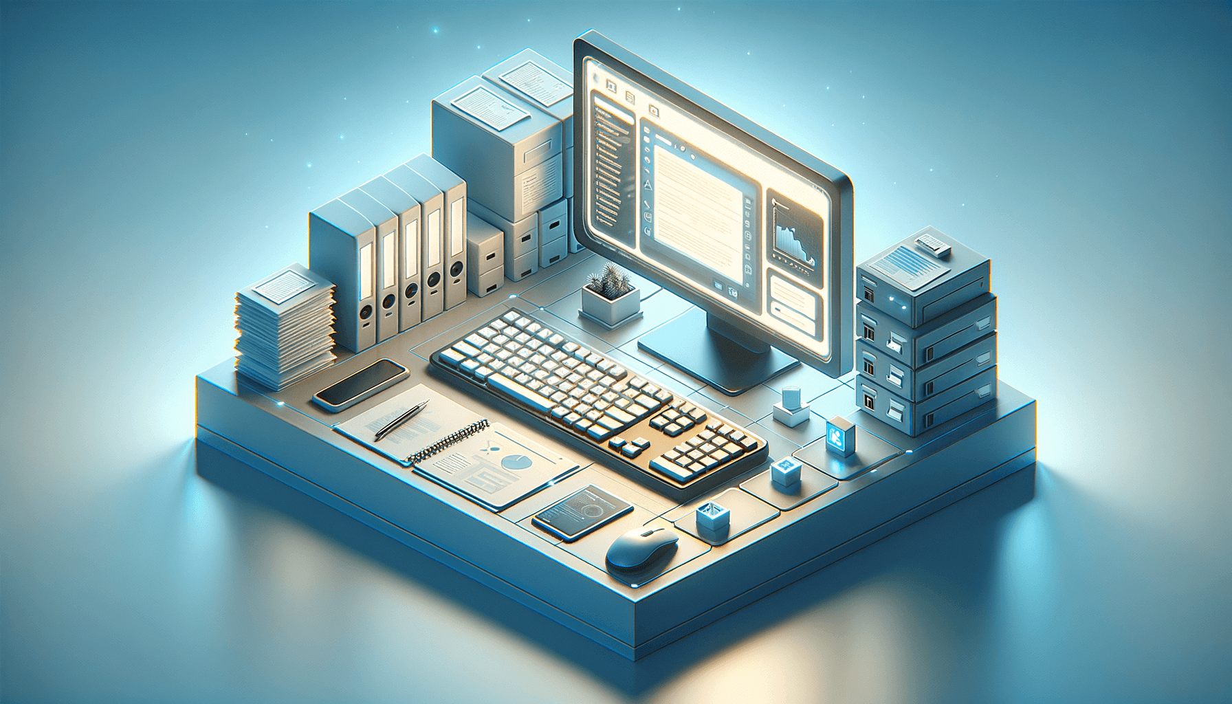Glowing keyboard shortcuts on a professional desk with organized digital documents and files flowing across a computer monitor, symbolizing fast and efficient d