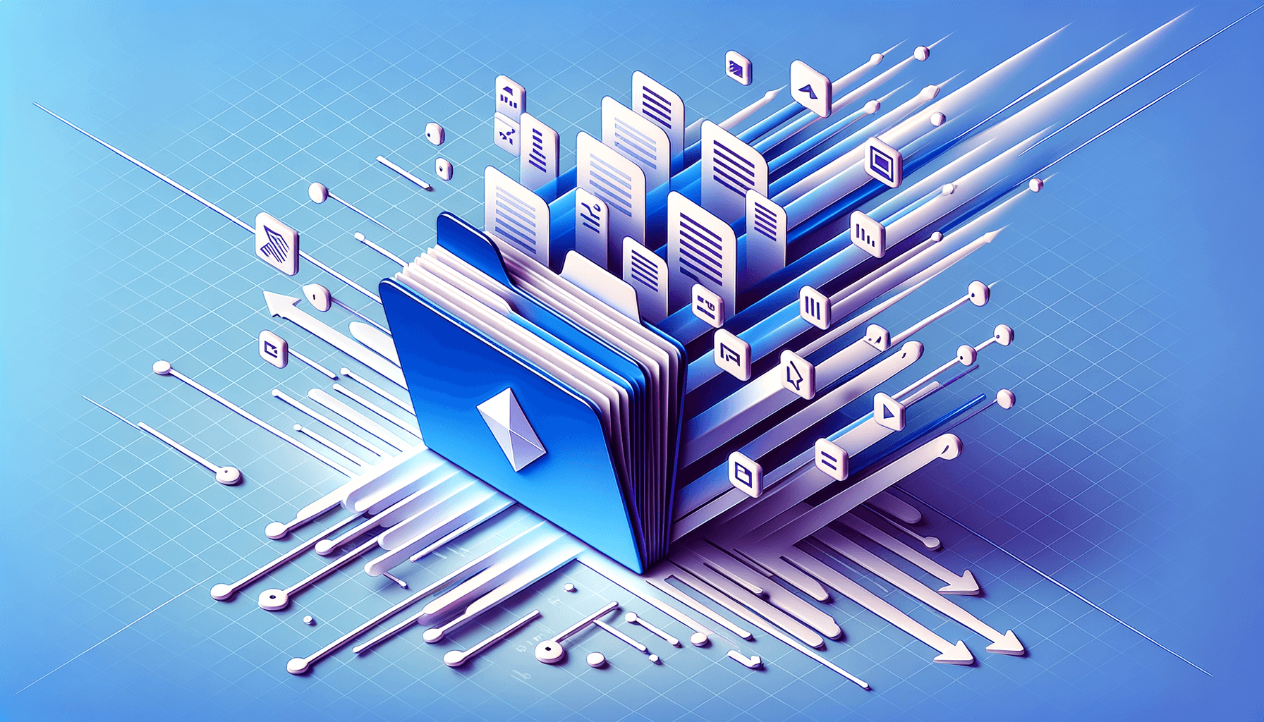 Minimalist illustration of cascading documents with speed lines and keyboard shortcuts, representing batch document processing and productivity