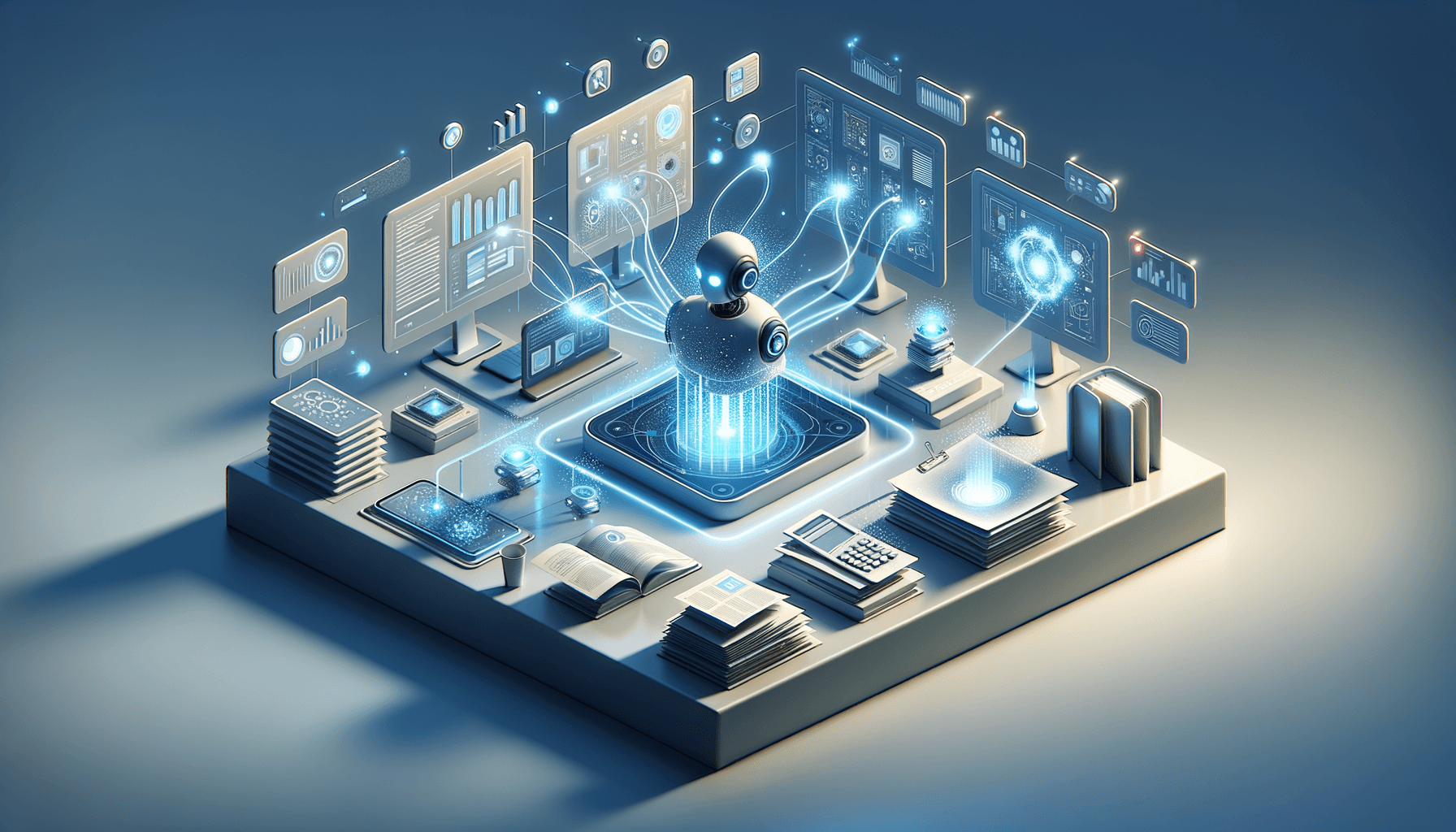 AI-powered document generation transforming scattered data into organized professional documents with digital intelligence visualization