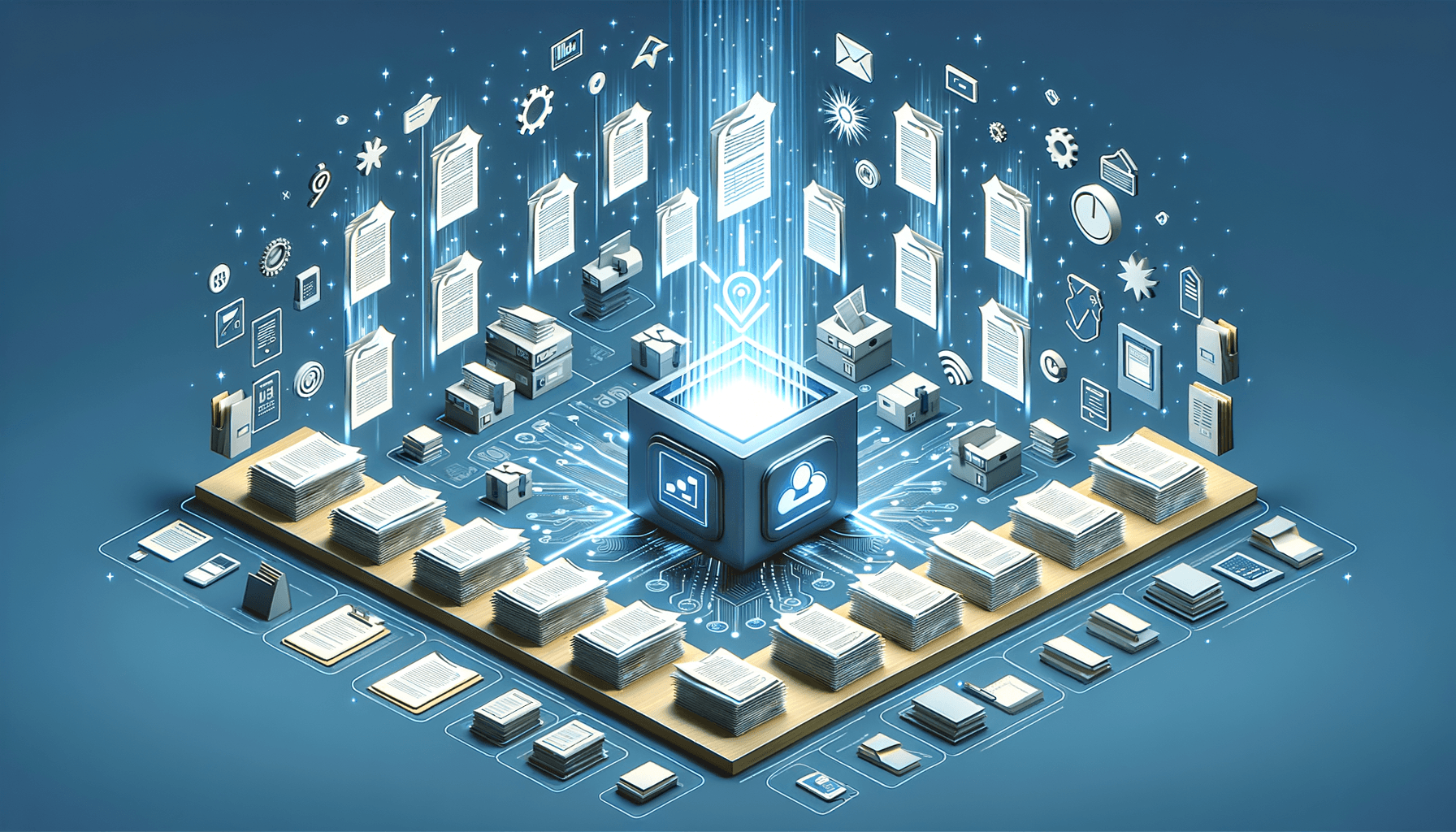 AI-powered document generation interface creating professional business documents with glowing digital streams and organized file management